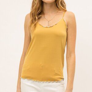 MYSTREE Mustard Yellow Lettuce Hem Cami Top, Soft Stretch Knit Tank